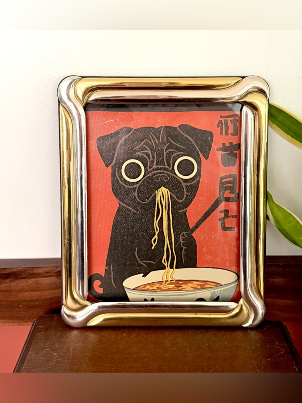 Hungry Pug Dog Eating Ramen Japanese Retro Style Canvas Art Print Vintage Frame